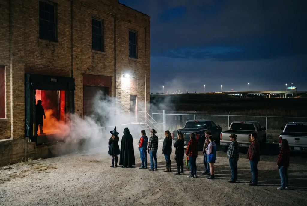 Costumed visitors waiting in line at night outside an old brick warehouse haunted house, fog drifting from a loading dock doorway under red and orange light