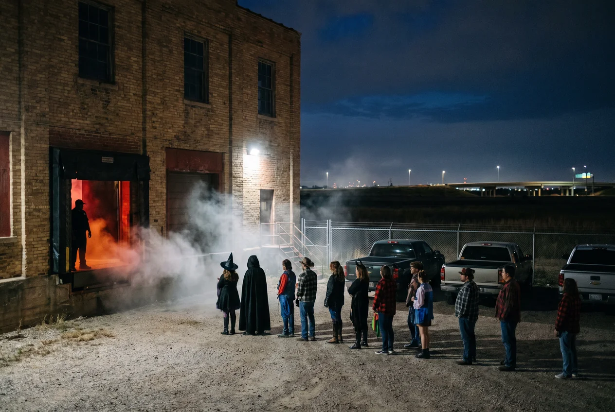 Costumed visitors waiting in line at night outside an old brick warehouse haunted house, fog drifting from a loading dock doorway under red and orange light