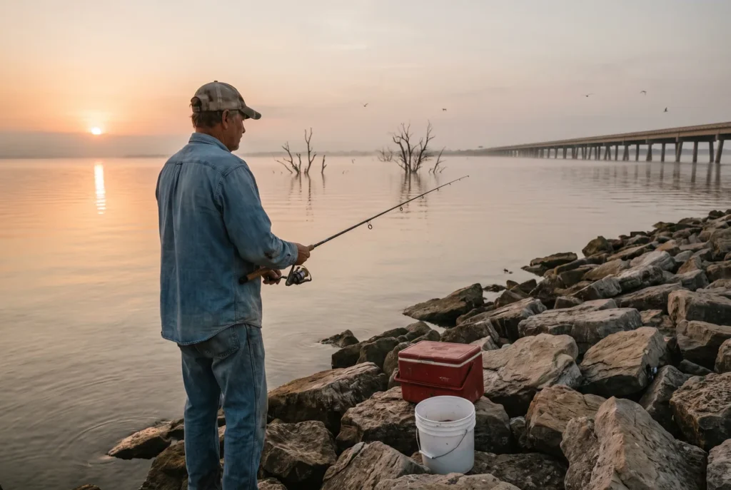 An angler on a rock riprap shoreline of Lake Ray Hubbard at sunrise, rod in hand, standing timber in the water and a highway bridge in the distance