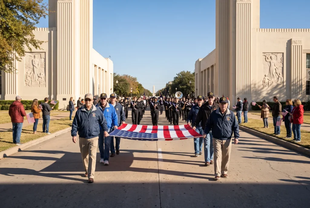 Veterans in unit ball caps marching past art deco buildings at Fair Park in Dallas on a clear November day, spectators with small American flags on the kerb